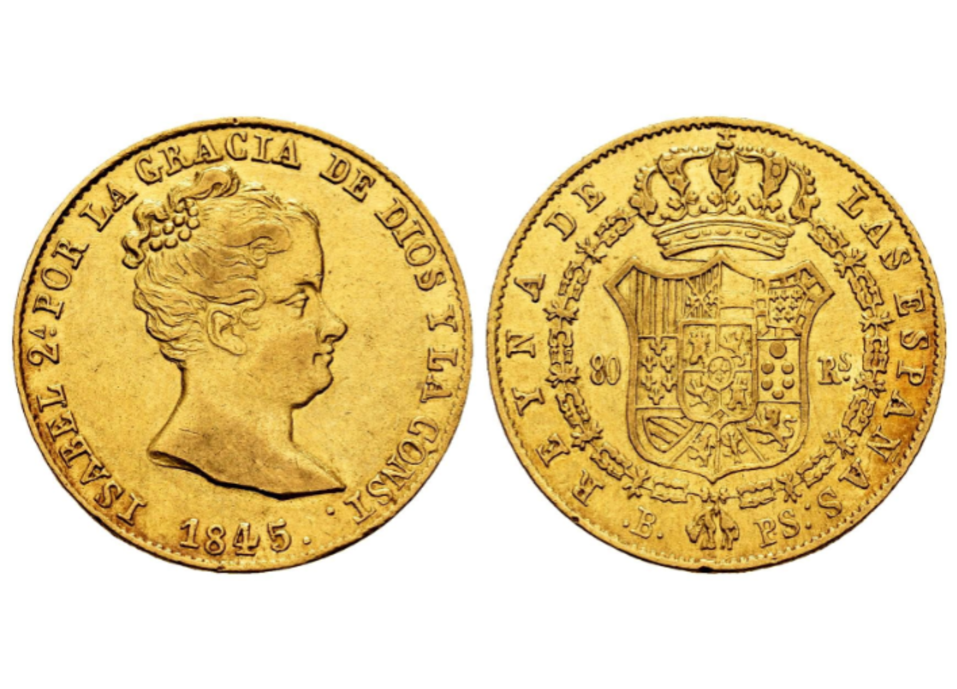 Elizabeth II (1833-1868). 80 reales. 1845. Barcelona.