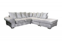 Brand New Verona Crushed Velvet Silver Corner Sofa With Stool