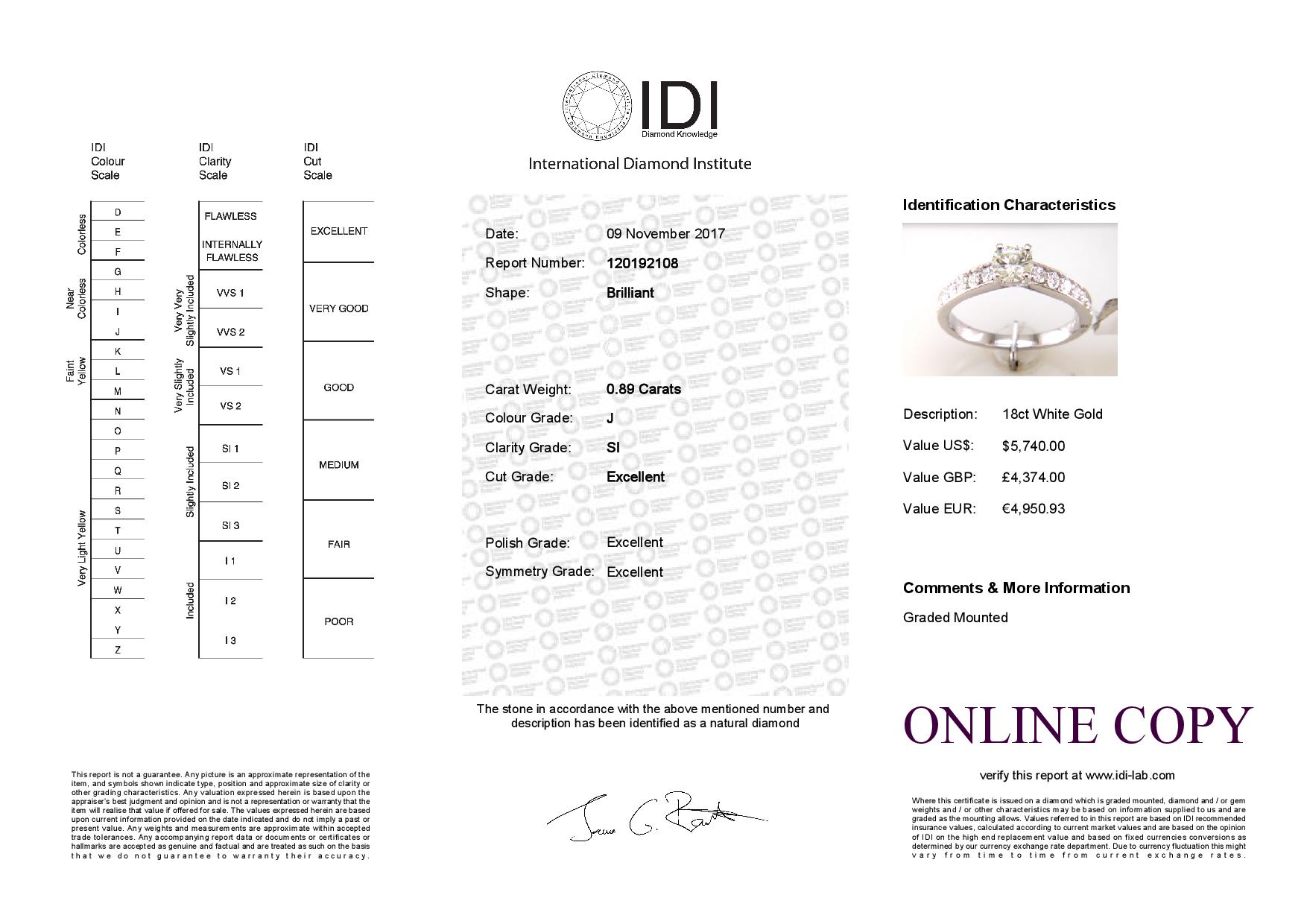 18ct White Gold Single Stone Diamond Ring With Stone Set Shoulders (0.51) 0.89 Carats - Image 5 of 5