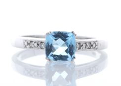 9ct White Gold Blue Topaz Diamond Ring 0.03 Carats