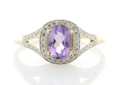 9ct Yellow Gold Amethyst And Diamond Halo Set Ring 0.21 Carats