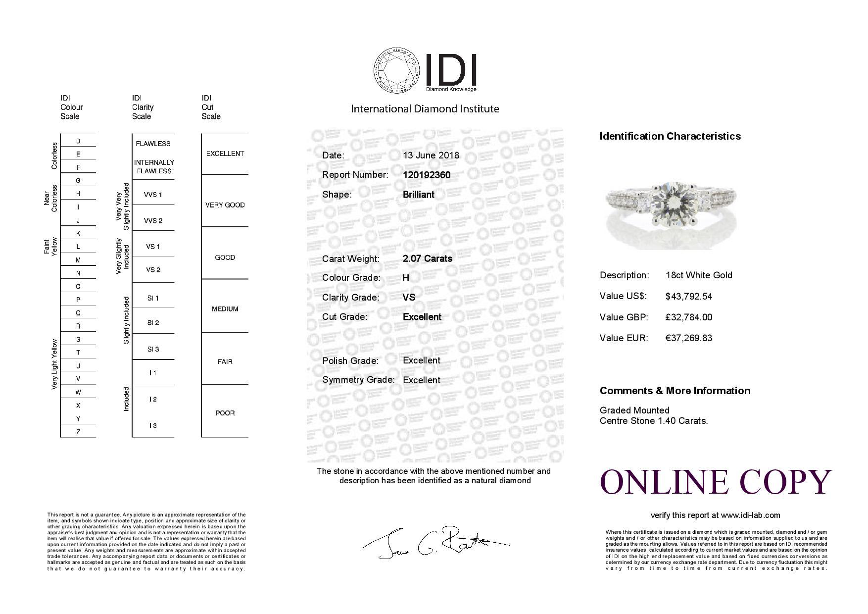 18ct White Gold Single Stone Claw Set With Stone Set Shoulders Diamond Ring (1.40) 2.07 Carats - Image 5 of 5