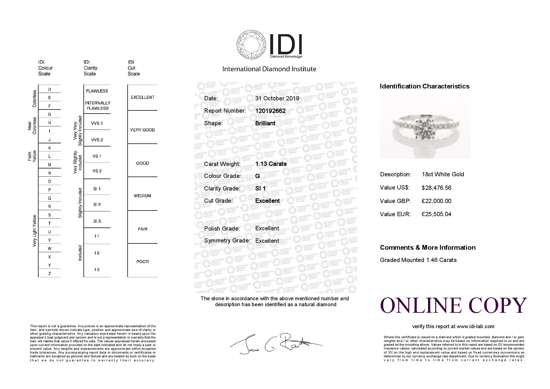 18ct White Gold Single Stone Prong Set With Stone Set Shoulders Diamond Ring (1.13) 1.46 Carats - Image 6 of 6