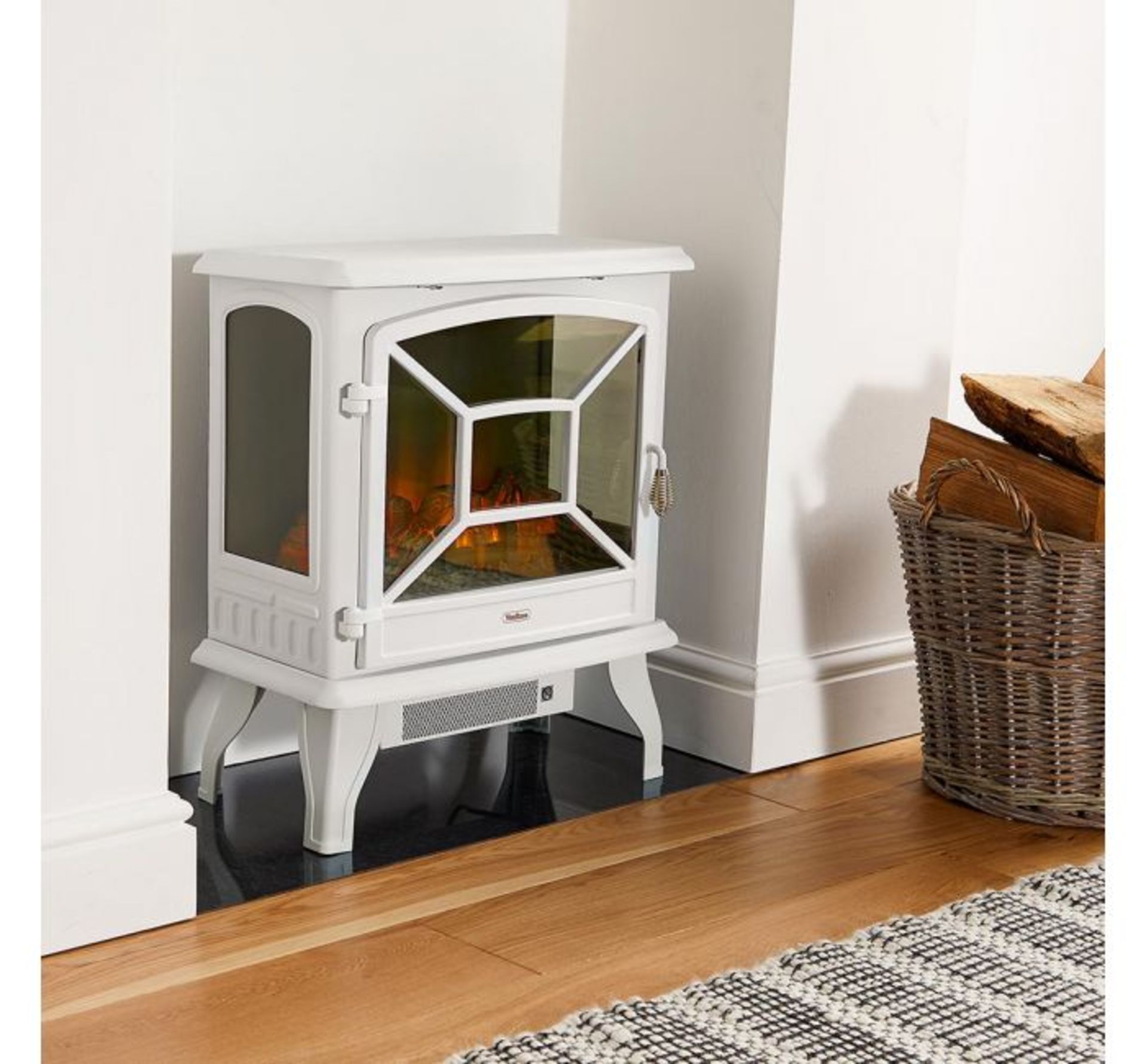 (D15) 1800W White Panoramic Stove Heater Three tempered glass panels offering a panoramic view...
