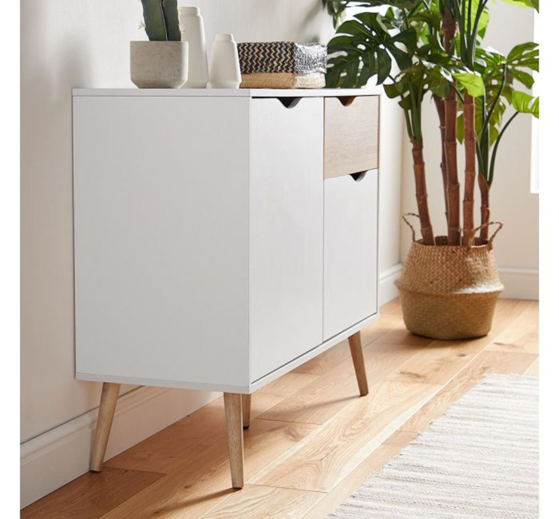 (KG8) White & Oak Small Sideboard. Split front features a large cupboard, small cupboard and dr... - Image 2 of 3