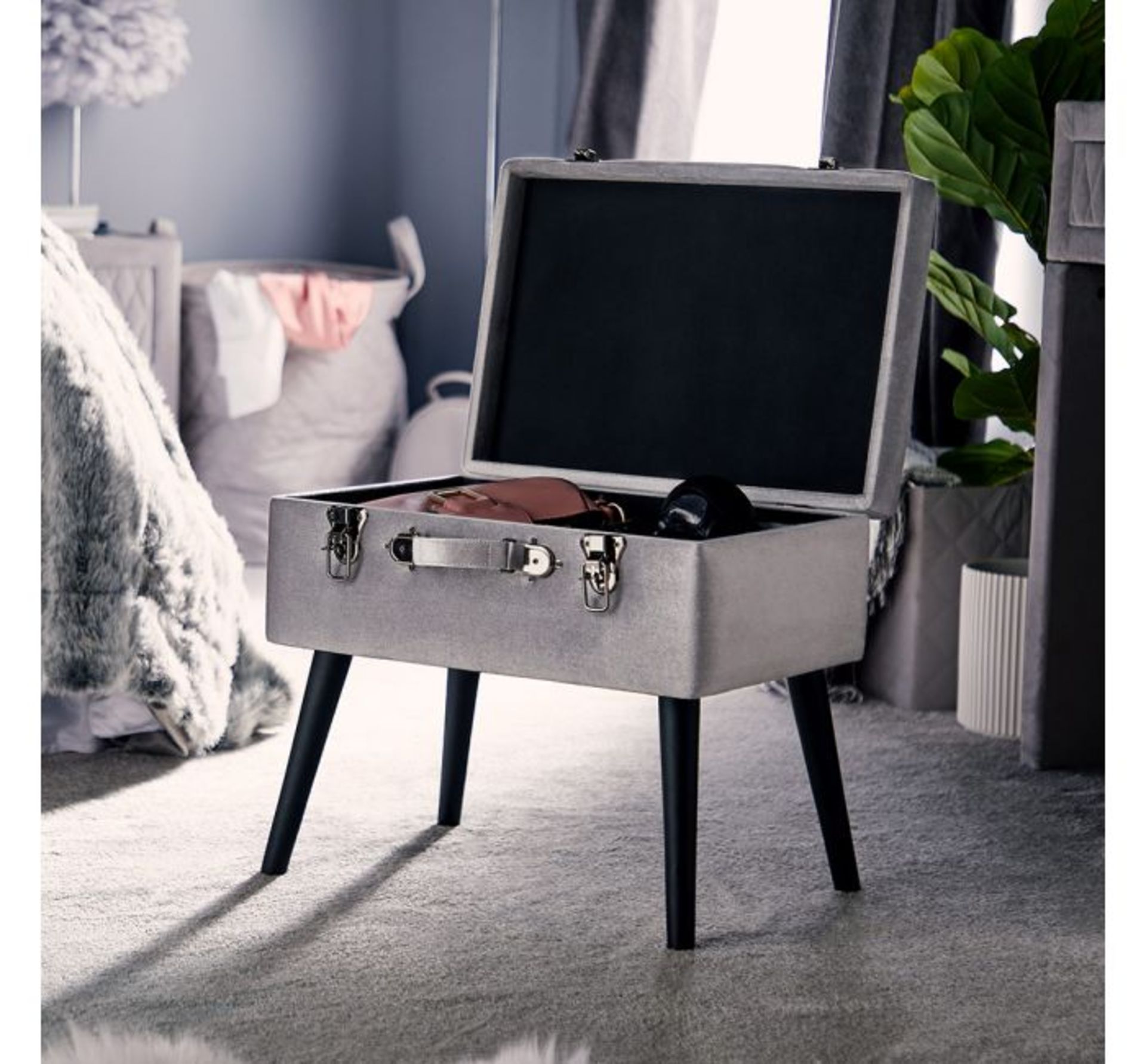 (NN130) Silver Storage Trunk Stool This shimmery velvet storage stool with black MDF legs and ... - Image 3 of 4