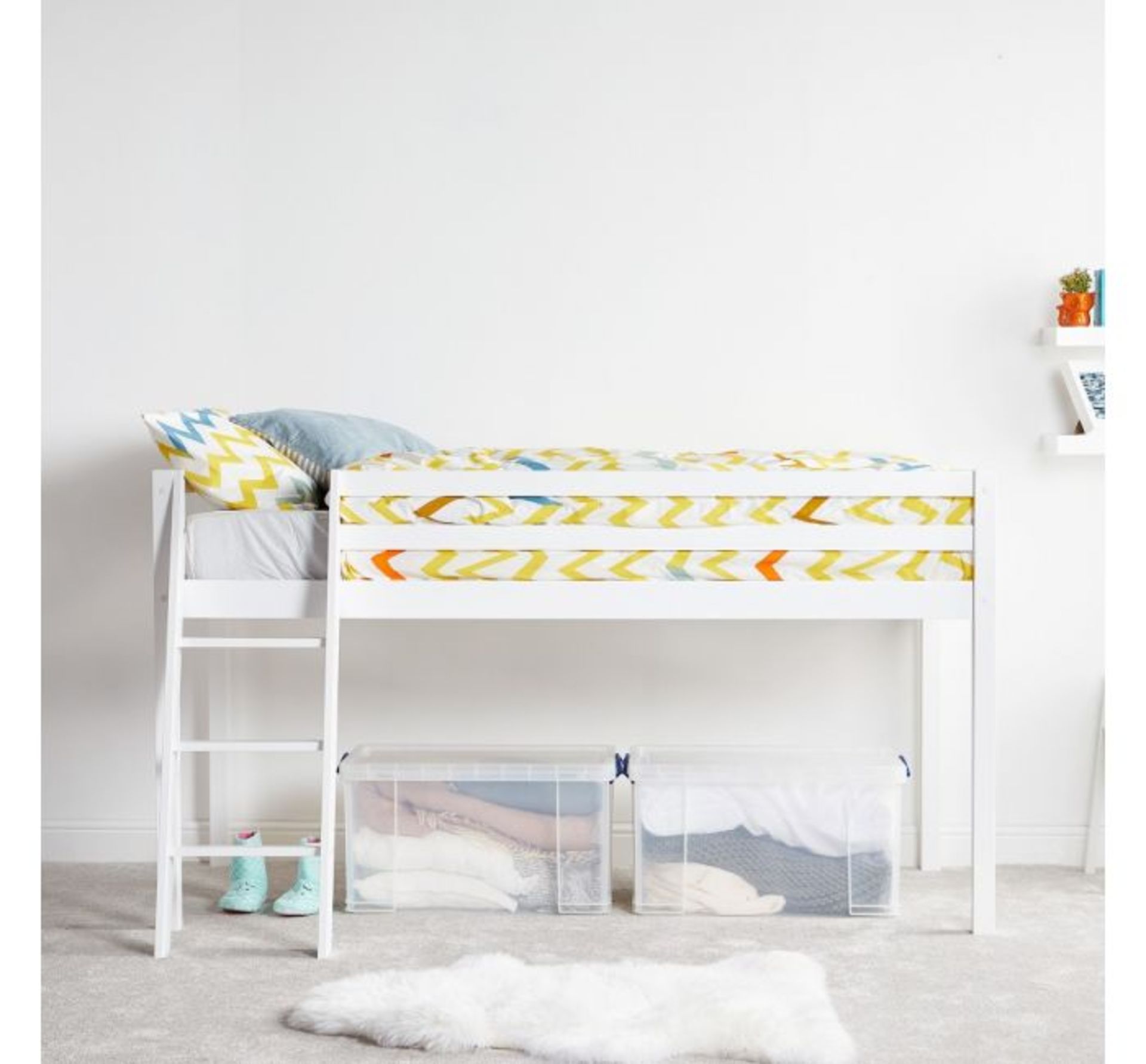 (KG11)Pine Mid Sleeper Bed. Innovative design enables you to utilise space underneath the bed ...