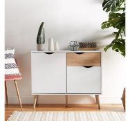 (KG8) White & Oak Small Sideboard. Split front features a large cupboard, small cupboard and dr...