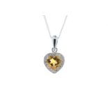 9ct White Gold Citrine Heart Shape Diamond Pendant 0.10 Carats