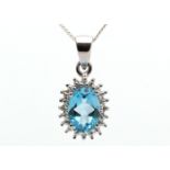 9ct White Gold Diamond And Blue Topaz Pendant 0.01 Carats