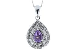 9ct White Gold Amethyst Pear Shaped Cluster Diamond Pendant 0.08 Carats