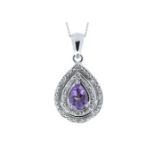 9ct White Gold Amethyst Pear Shaped Cluster Diamond Pendant 0.08 Carats