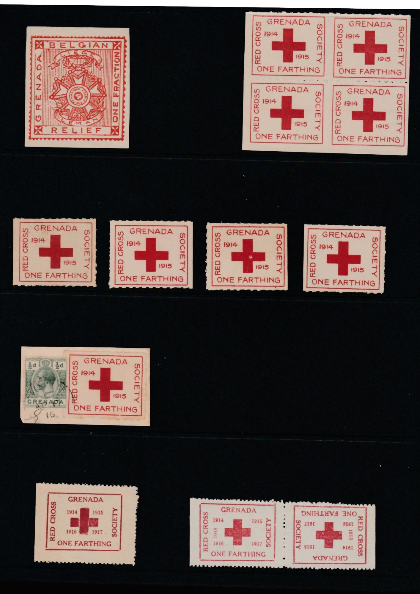 Grenada 1914-18Red Cross Society labels including One Fraction labels (12, including a sheet of ten) - Image 5 of 6