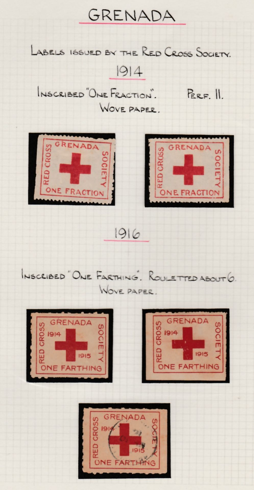 Grenada 1914-18Red Cross Society labels including One Fraction labels (12, including a sheet of ten) - Image 3 of 6