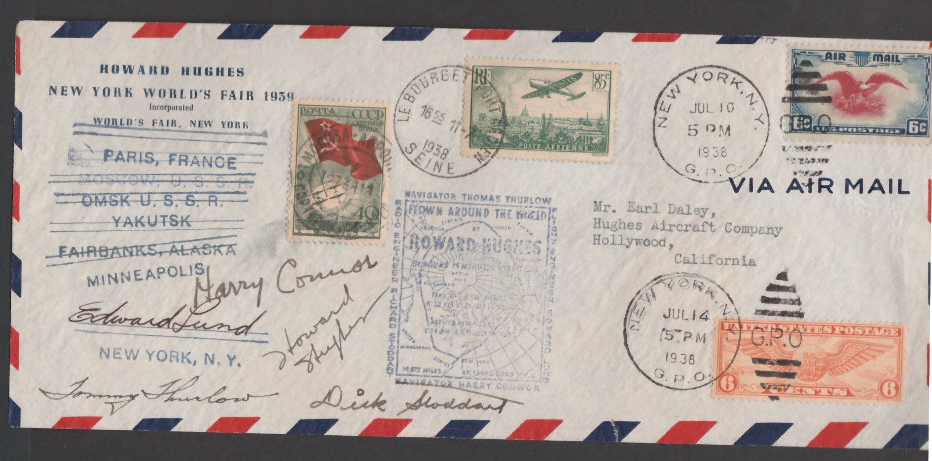 Airmails - Russia / USA / France 1938 Printed "Howard Hughes, New York Worlds Fair 1939"