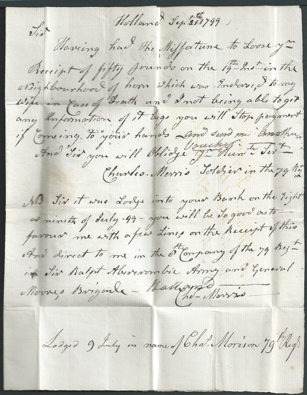 G.B. - Military 1799 (Sep. 21) Entire letter (minor faults) from Charles Morris, a soldier - Image 3 of 3