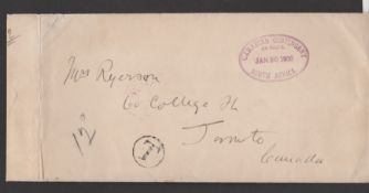Boer War 1900 Long Stampless cover to Toronto, posted by a soldier