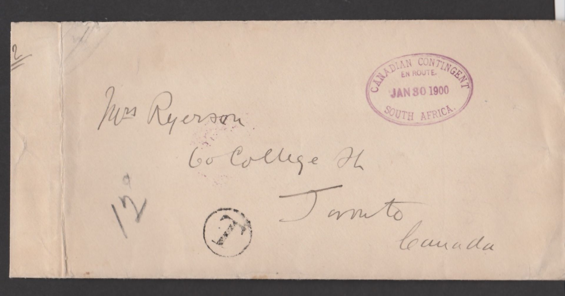 Boer War 1900 Long Stampless cover to Toronto, posted by a soldier