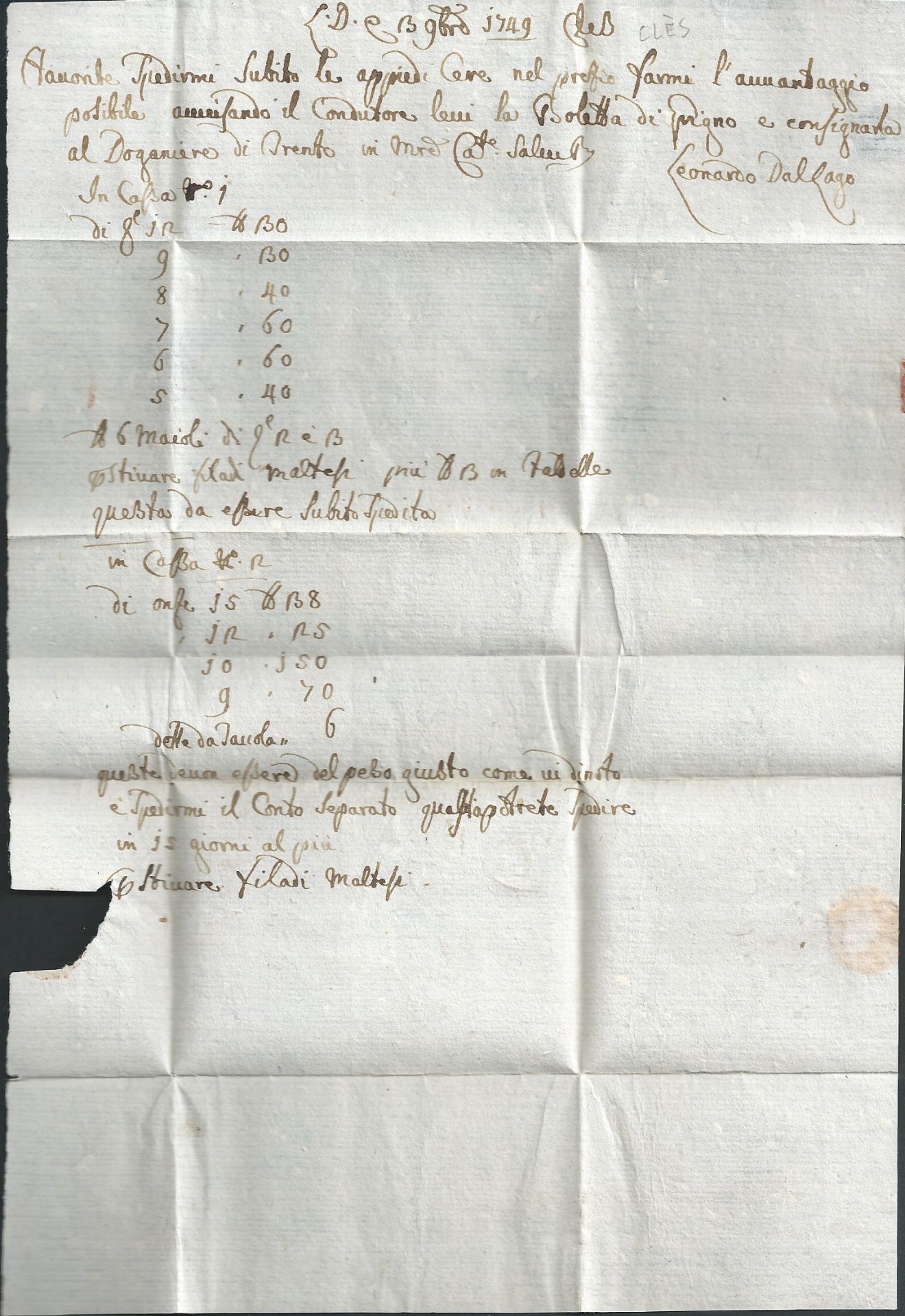 Austria 1749 Entire letter from Cles (S. Tyrol) addressed to Venice, bearing handstruck "6" Tax mark - Image 3 of 4