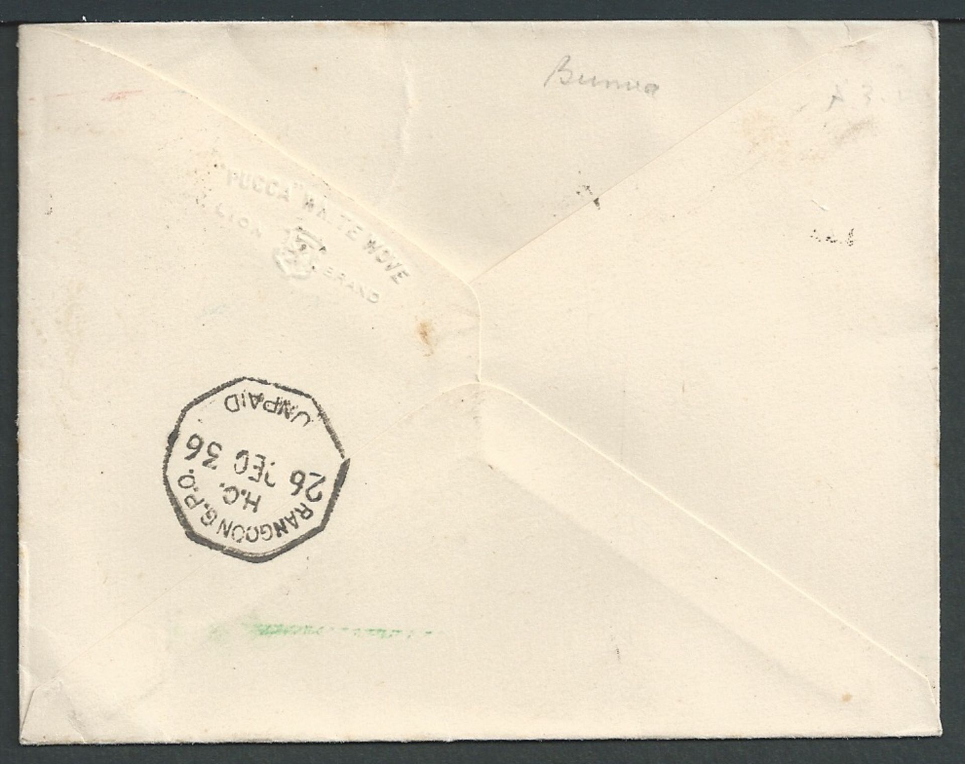 Burma 1936 (Dec 24) Cover to Rangoon with India 3p + 1/2a tied by "RANGOON G.P.O. / LATE FEE - Image 2 of 2