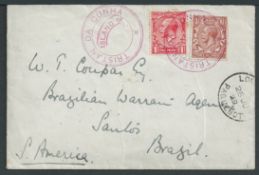 Tristan Da Cunha 1929 Cover to Brazil bearing GB 1d and 1.1/2d cancelled
