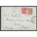 Tristan Da Cunha 1929 Cover to Brazil bearing GB 1d and 1.1/2d cancelled