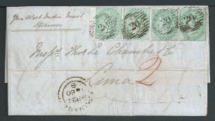 G.B. - Surface Printed 1860 Entire letter from London "per West Indian Mail Steamer" to Lima, Peru