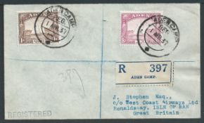 Aden / G.B. - Isle of Man 1937 (Apr 1) 8a and 1r on registered First Day Cover from Aden Camp