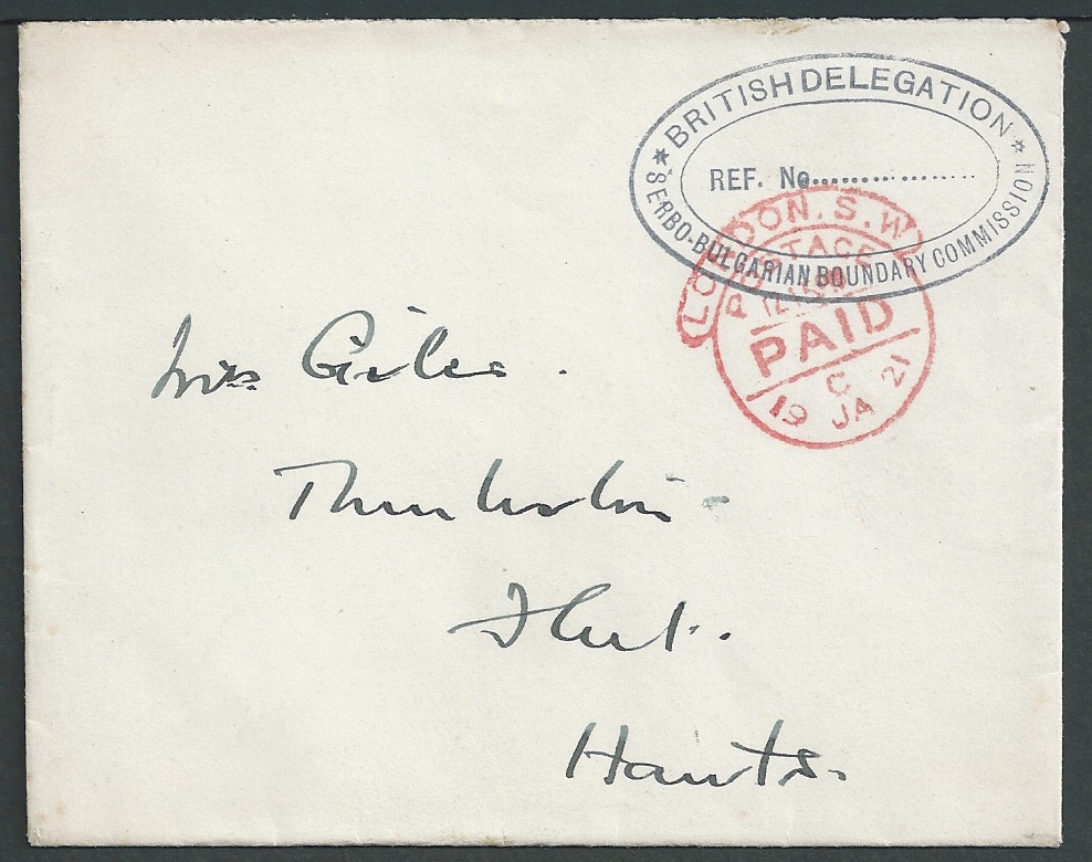 Bulgaria 1921 Stampless cover from Lt. Col. Frank Giles, British Commissioner to the Serbo-Bulgar...