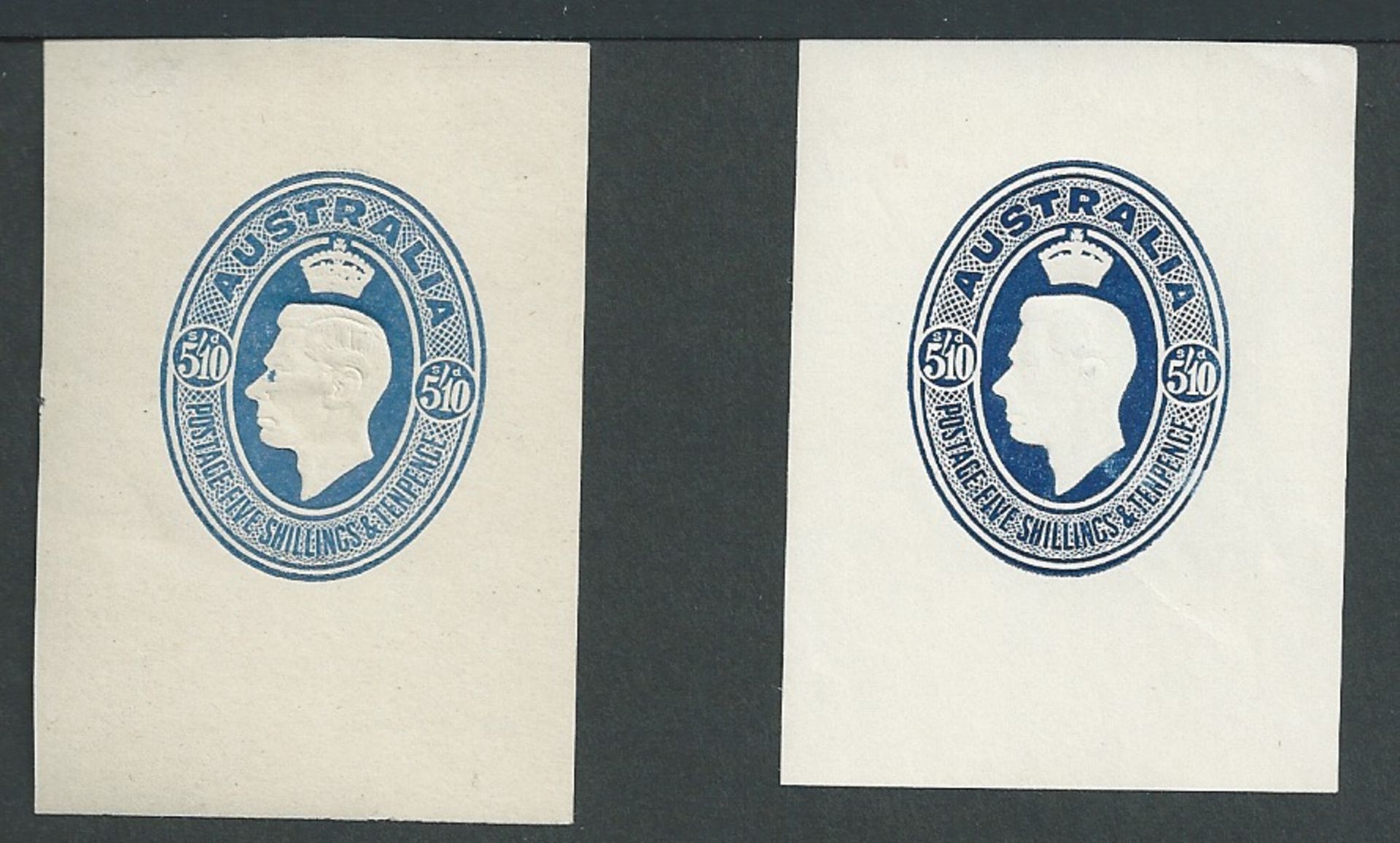 Australia 1946 5/10d Food Parcel Label cut outs - two different Dies in light and dark blue on gimme