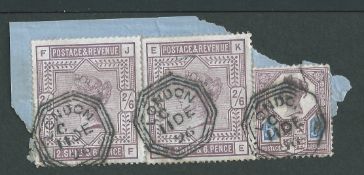 G.B. - Surface Printed 1896 Small piece bearing two copies of 1884 2/6d deep lilac and 1887 5d