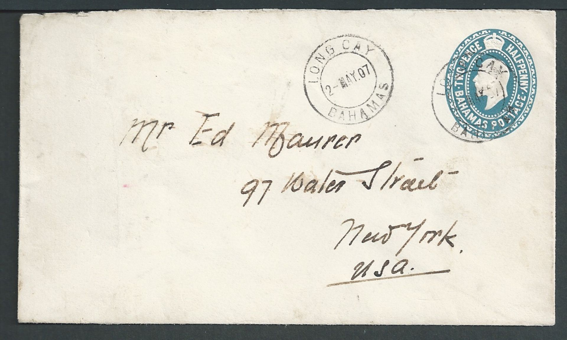 Bahamas 1907 2.1/2d Postal Stationery envelope to the U.S.A. cancelled by the uncommon