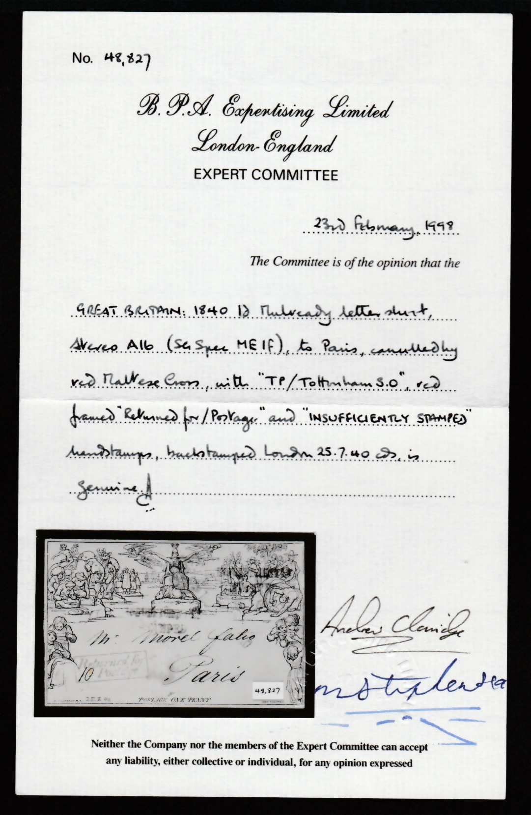 G.B. - Mulreadys 1840 (July 25)1d Lettersheet stereo A16 (minor faults) from London to Paris cancell - Image 3 of 3