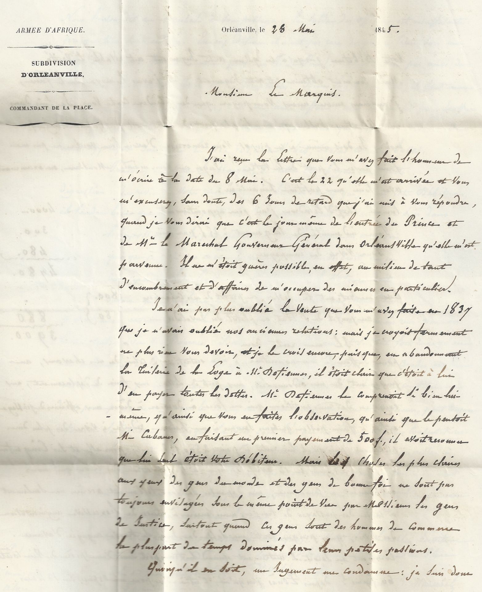 Algeria 1845 Interesting entire letter from Orleansville to Fonterau. The letter has printed headin - Image 3 of 5