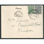 Burma 1936 (Dec 24) Cover to Rangoon with India 3p + 1/2a tied by "RANGOON G.P.O. / LATE FEE