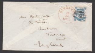 North Borneo 1892 Cover to Kent franked by 1891-92 6 cents on 10c blue (S.G.56)