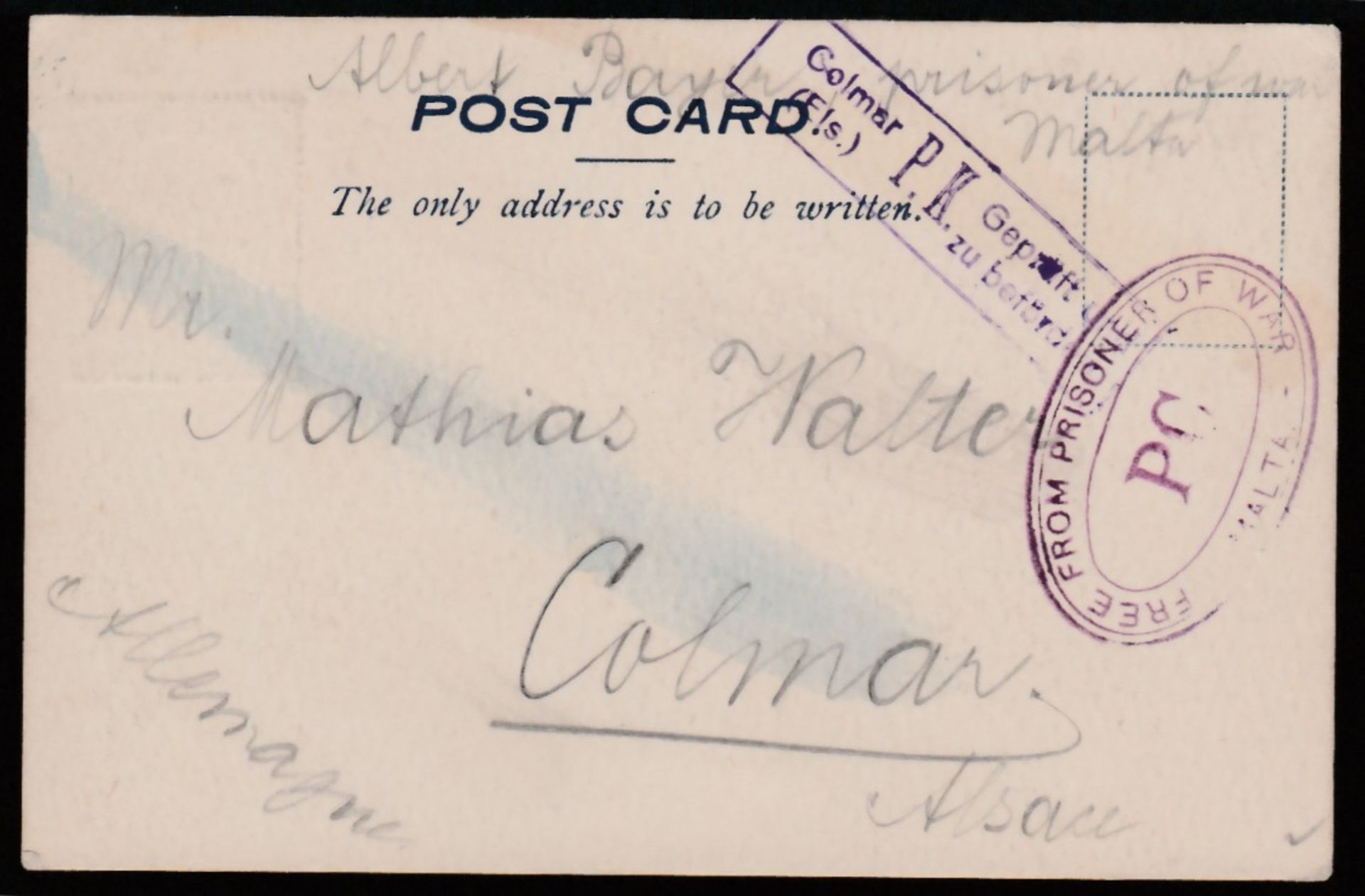 Malta 1915 Stampless P.O.W postcard with blue "KAMP POST/MALTA" stamp depicting a tented camp, - Image 2 of 2