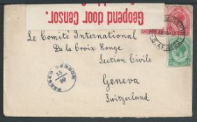 Basutoland 1918 Censored cover to the Red Cross in Geneva with South Africa 1d pair and 1/2d