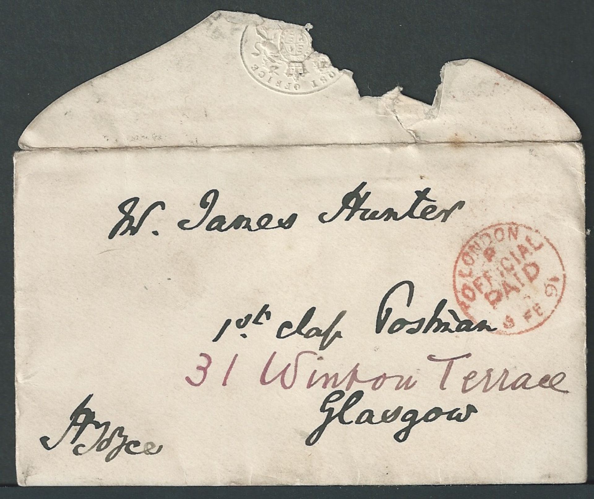 G.B. - Official 1891 Official Paid Envelope addressed to "Mr James Hunter, 1st Class Postman