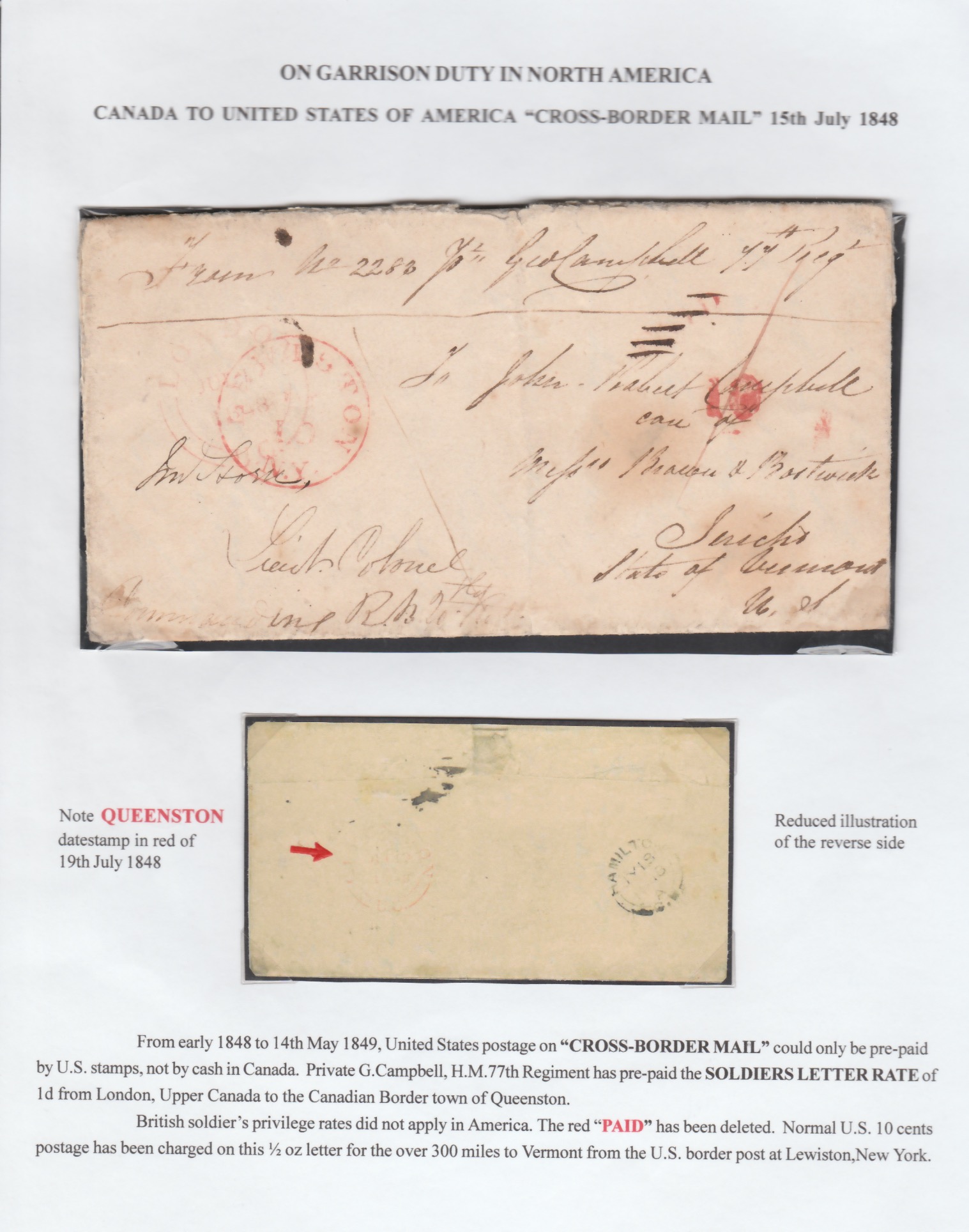 Canada / USA Cross-Border Mail 1848(15 July) Entire letter from London, U. C. to Jericho, Vermont v