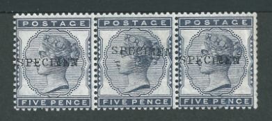 Great Britain - Surface Printed 1881 5d indigo strip of three each handstamped "SPECIMEN"