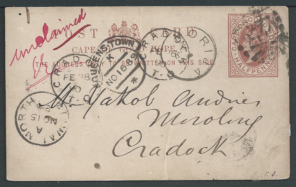 Basutoland 1889 Cape 1/2d postcard (corner crease) cancelled "277" numeral