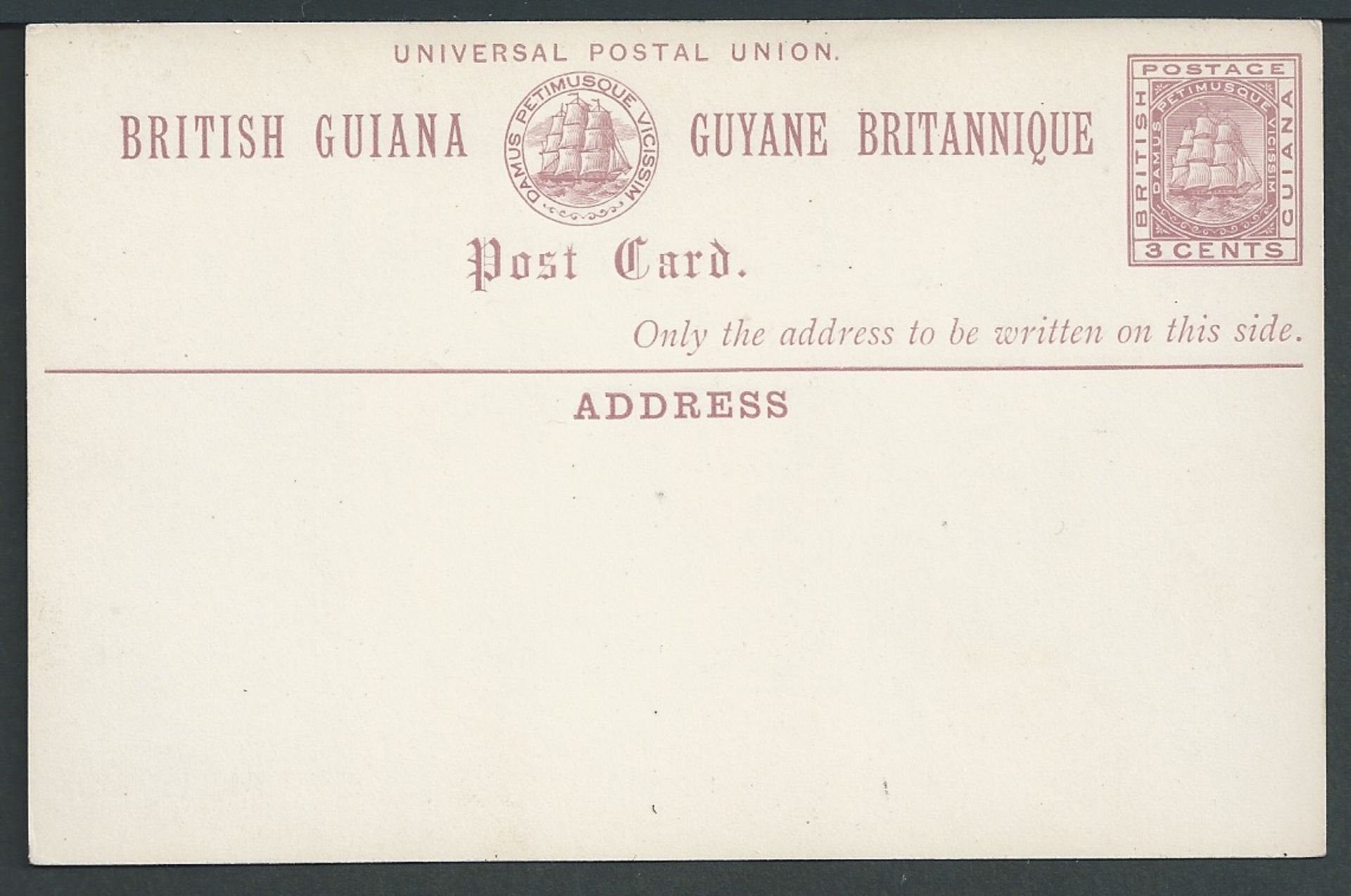 British Guiana 1879 Colour Trial of the 3c Postal Stationery Card in pale lilac. Most attractive.