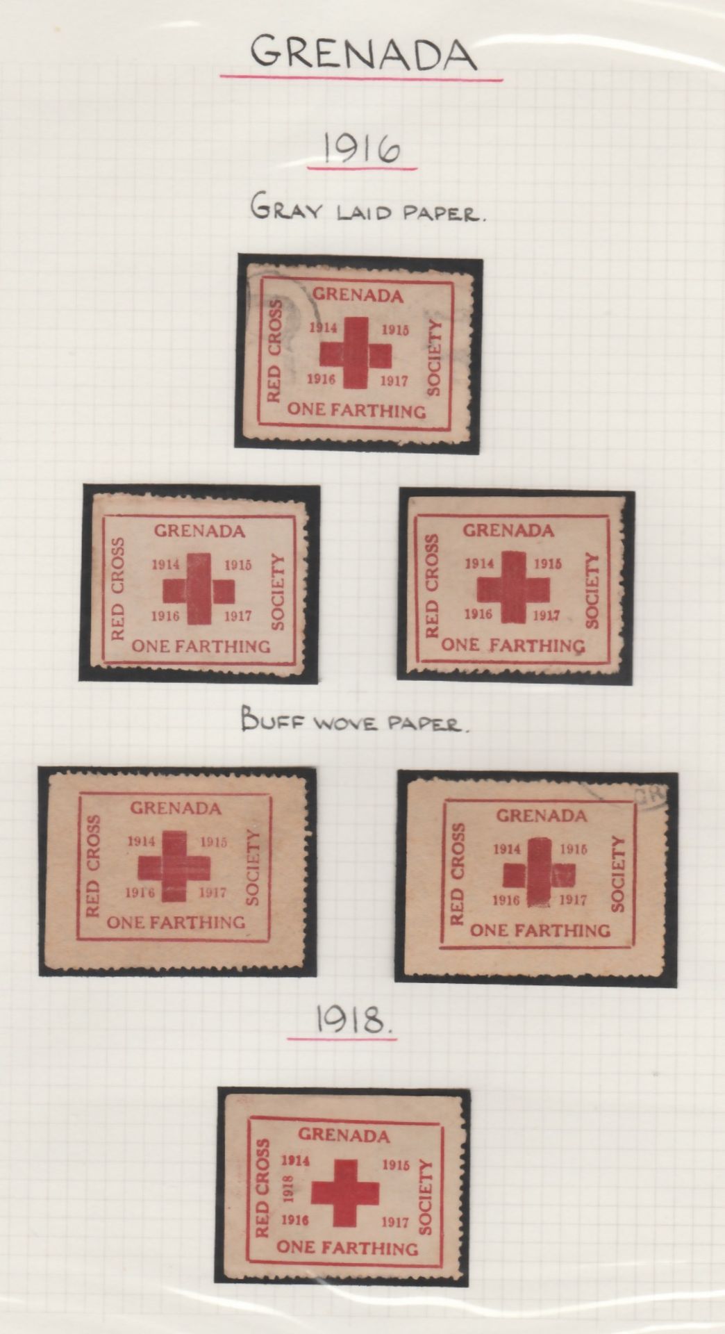 Grenada 1914-18Red Cross Society labels including One Fraction labels (12, including a sheet of ten)