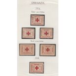 Grenada 1914-18Red Cross Society labels including One Fraction labels (12, including a sheet of ten)