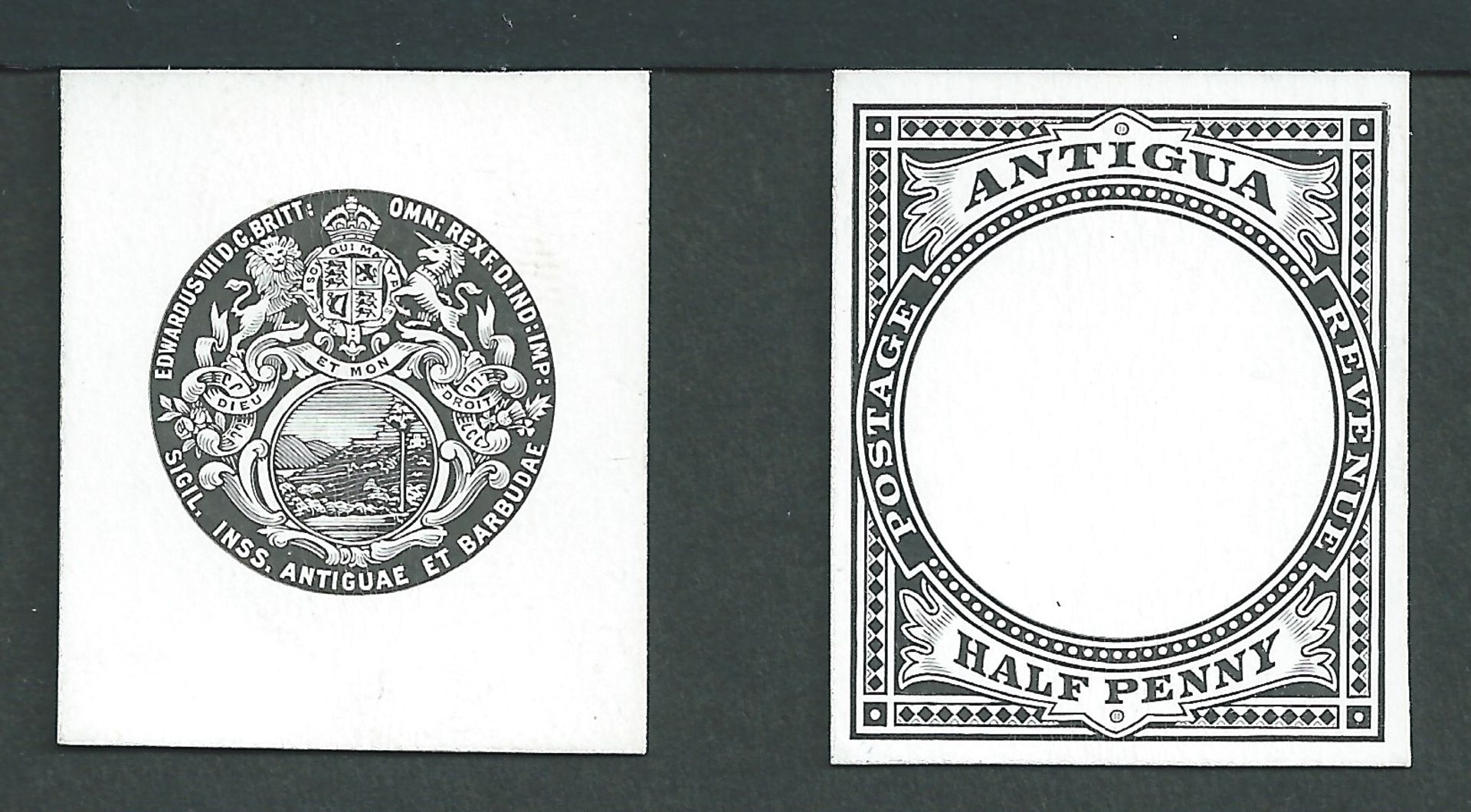 Antigua 1902 Seal of the Colony issue Die Proofs of the central vignette or the 1./2d frame, both in