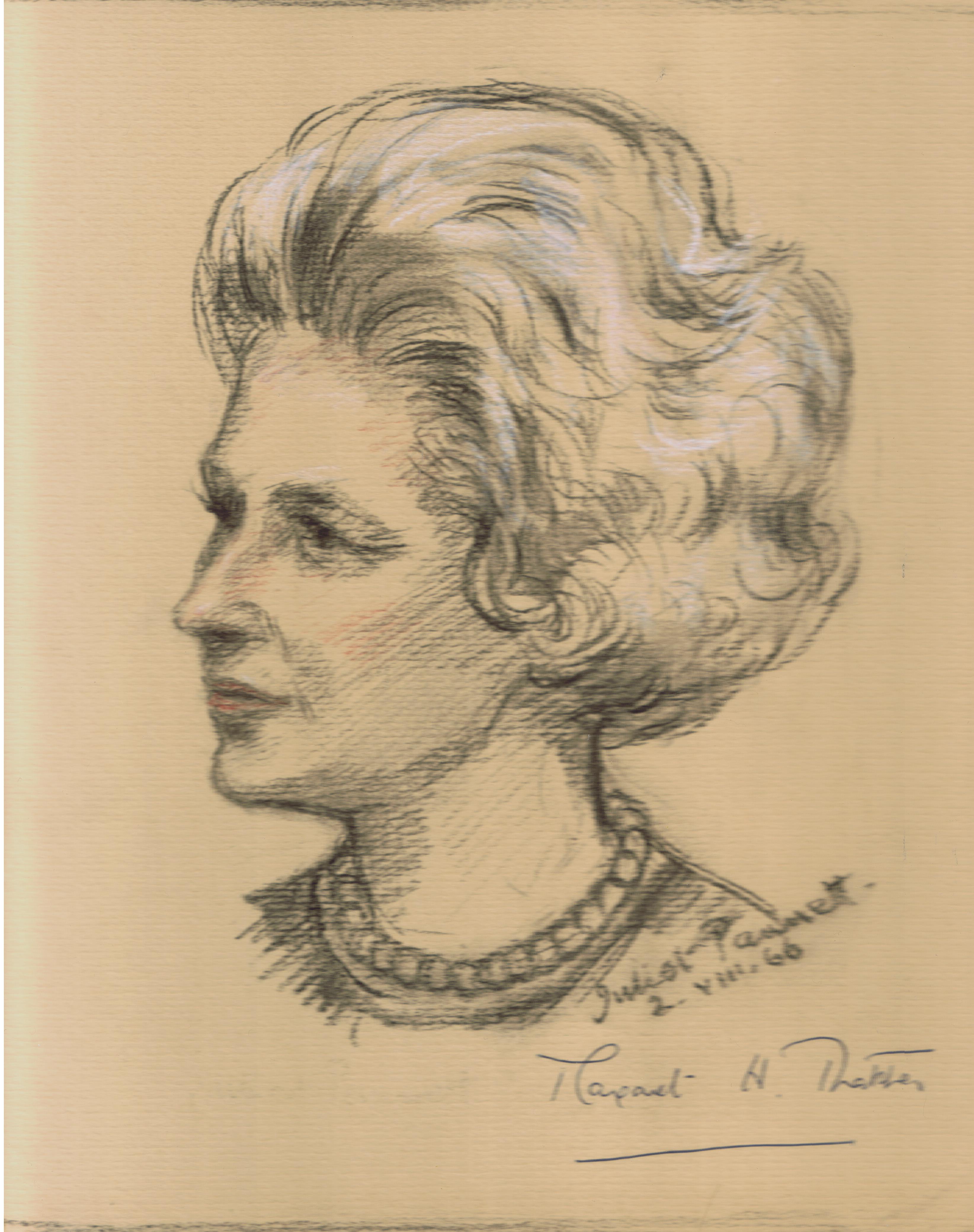 Margaret H Thatcher MP by Juliet Pannett charcoal and pastel Signed also by Margaret H Thatcher