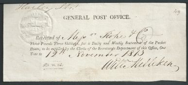 G.B. - Newspapers 1813 G.P.O. Receipt for £3.3.0 received for supplying a daily and weekly