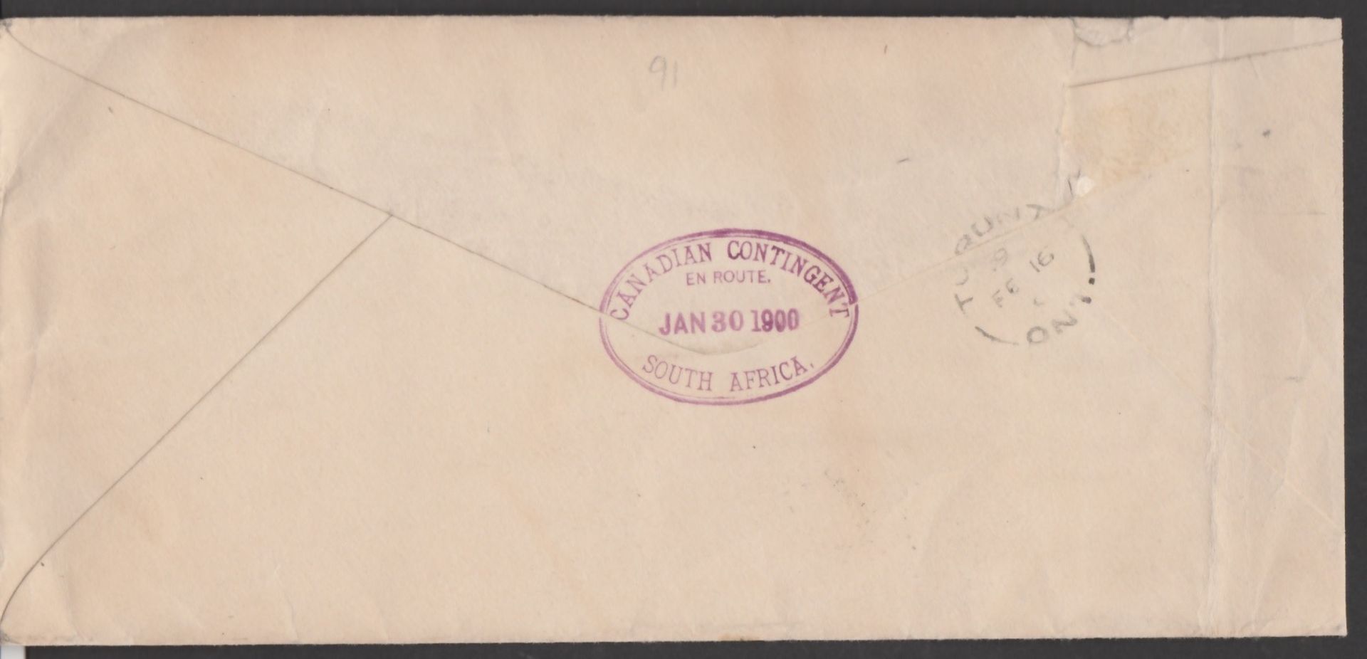 Boer War 1900 Long Stampless cover to Toronto, posted by a soldier - Image 2 of 2