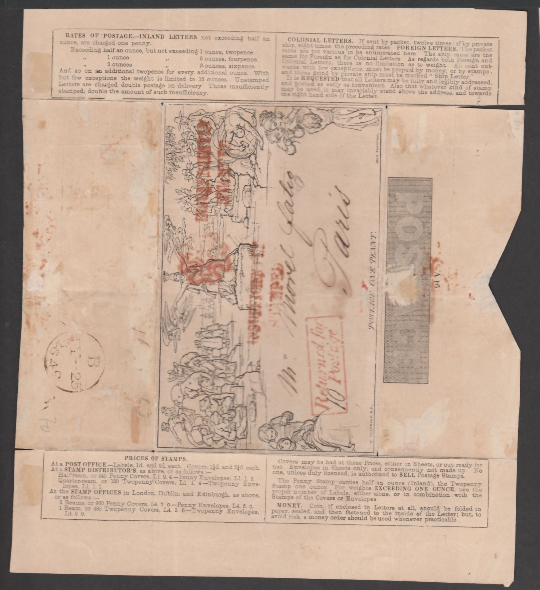 G.B. - Mulreadys 1840 (July 25)1d Lettersheet stereo A16 (minor faults) from London to Paris cancell - Image 2 of 3
